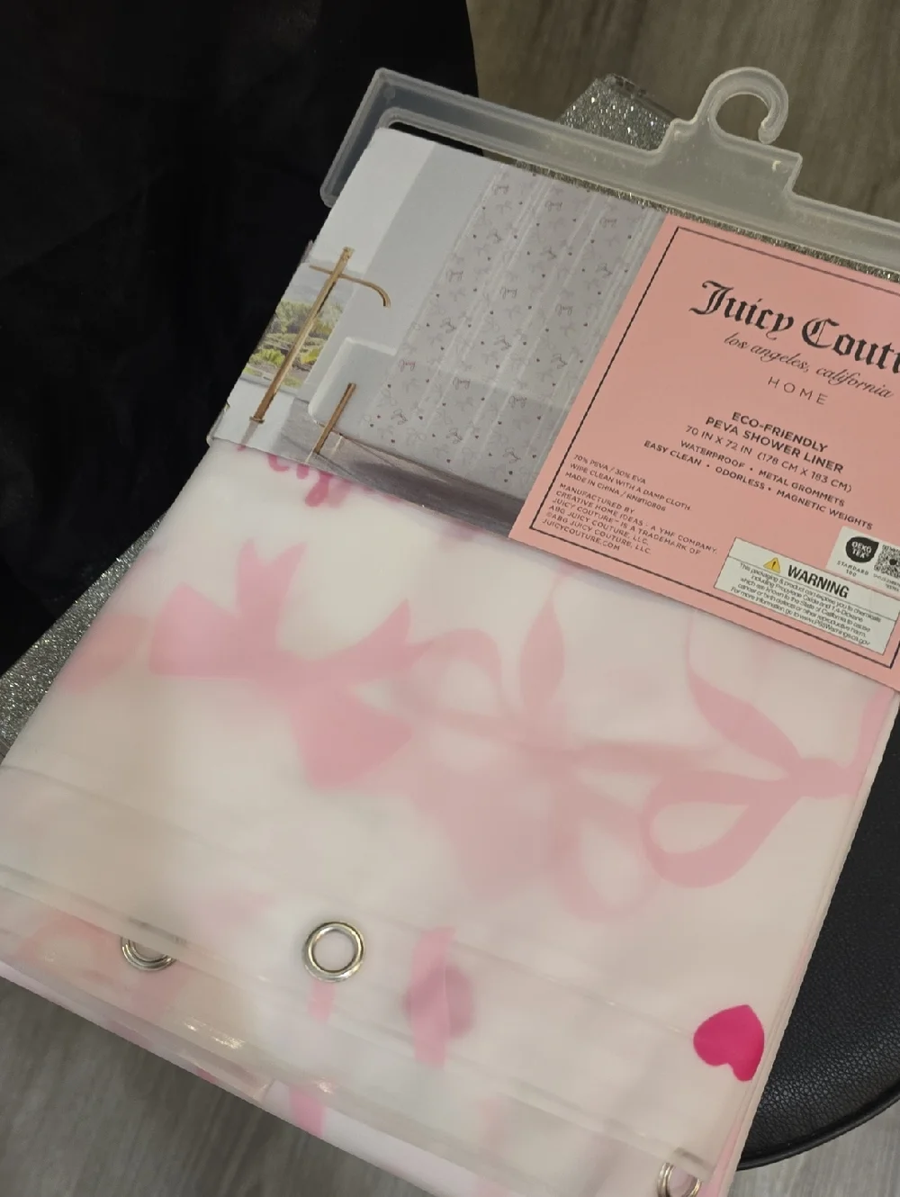 Juicy Couture Home Juicy Script Logo Hearts & Bows PEVA Shower Curtain Liner